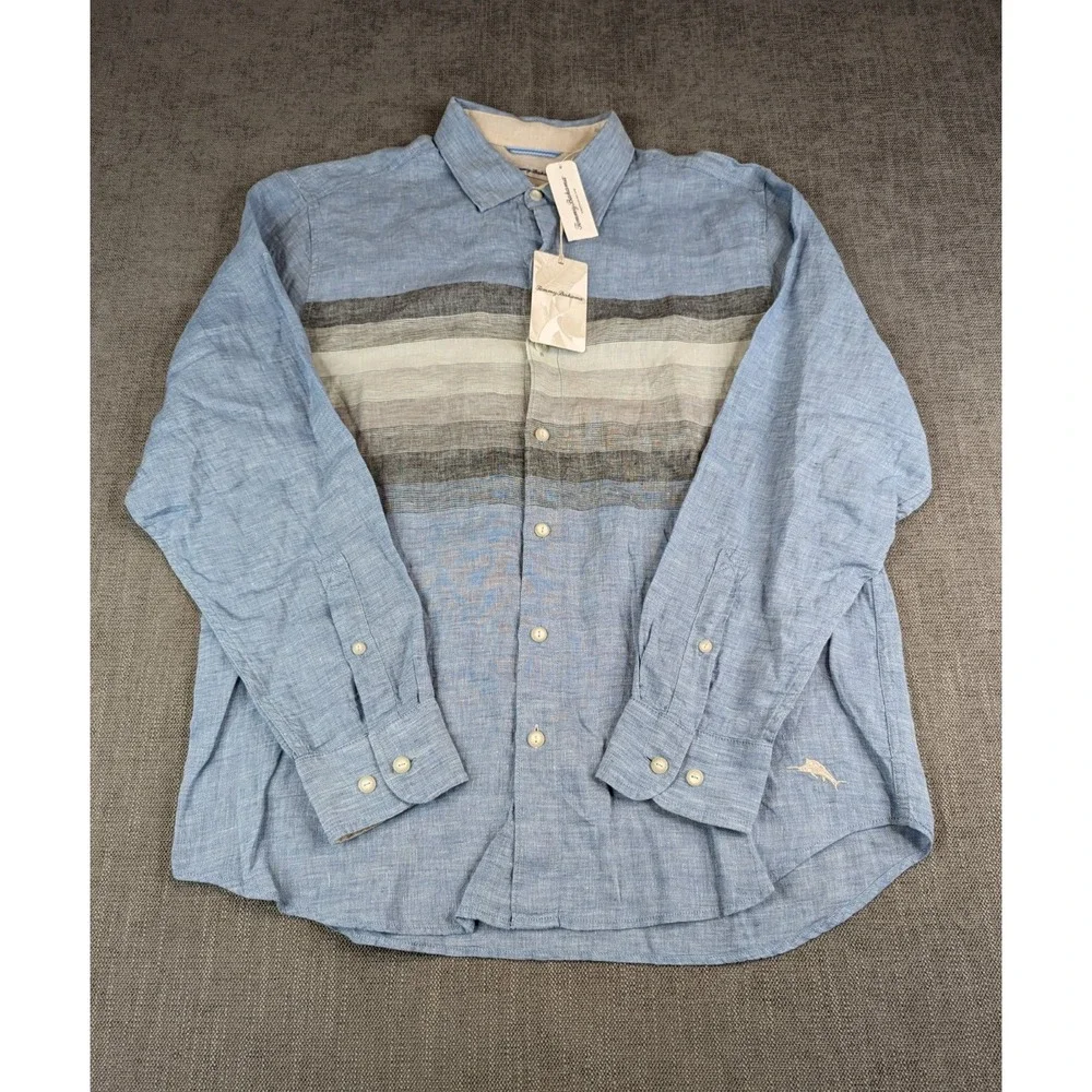 NWT Tommy Bahama Shirt Men L Blue Linen Long Sleeve Raffia Blues Button Striped - Picture 2 of 7